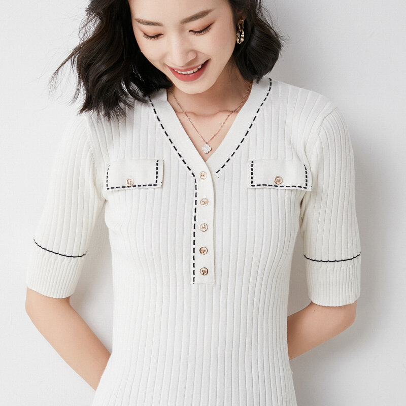 Sommer Neue Kurzarm T-Shirt Frauen der V-ausschnitt Gestrickte Äußere Tragen Temperament Bodenbildung Hemd Schlank Koreanische Version Taste Top