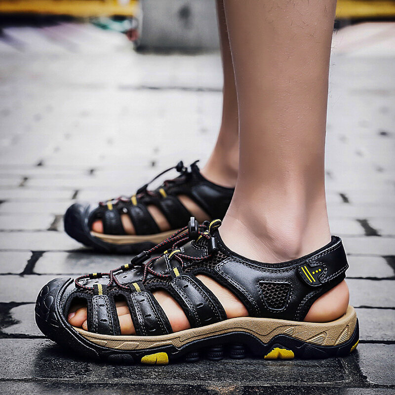 Sandal Kulit Pria Musim Panas Baru 2022 Sandal Romawi Buatan Tangan Kasual Fashion Merek Sandal Pantai Hiking Olahraga Luar Ruangan Ukuran Besar 47