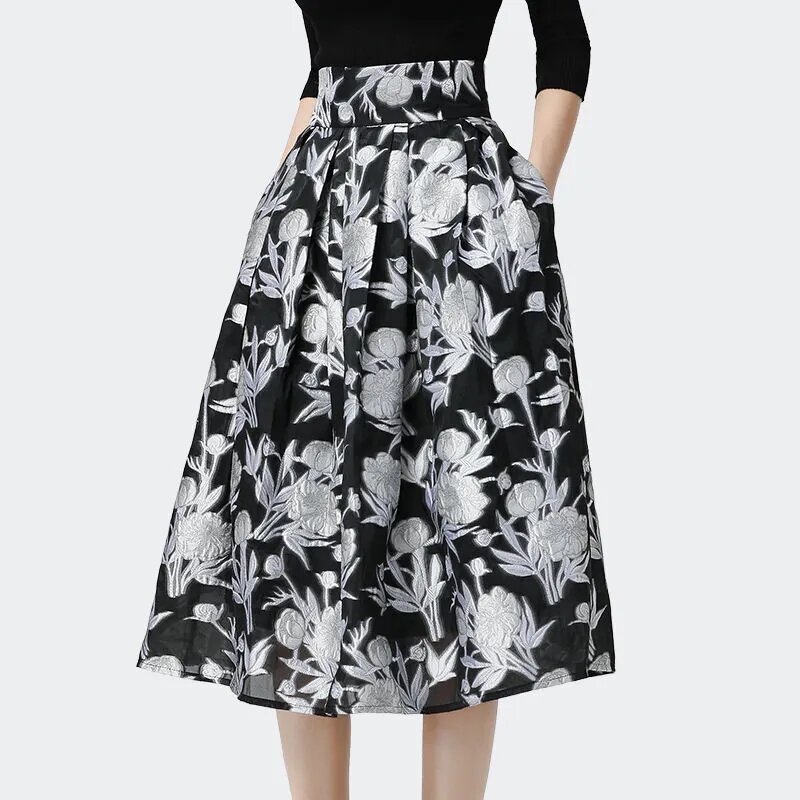 Falda de Jacquard bordada Vintage para mujer, faldas plisadas de cintura alta, longitud media, elegantes, novedad de otoño, 2022