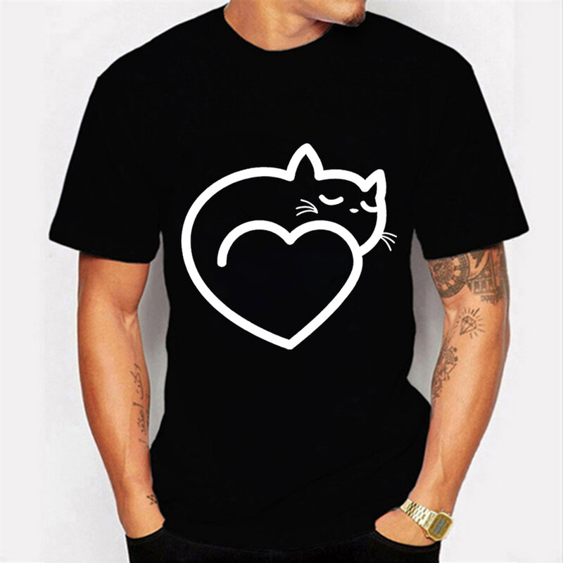 Футболка мужская оверсайз с коротким рукавом, модная брендовая хлопковая рубашка с принтом Love Cat, свободная дышащая уличная одежда в стиле х...