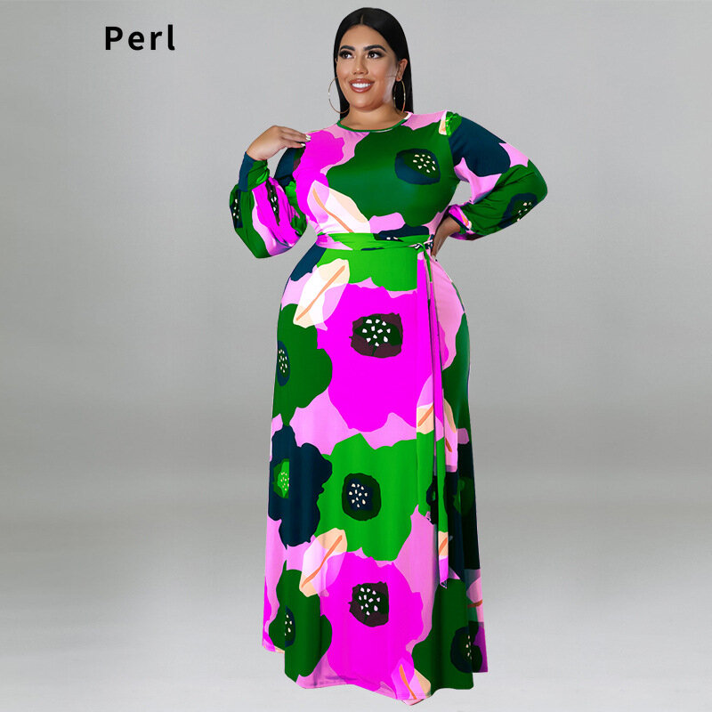 Perl مطبوعة كم كامل فساتين للنساء 2022 حجم كبير ملابس الخريف الجولة الرقبة عالية الخصر فستان طويل بوهو ملابس الشاطئ