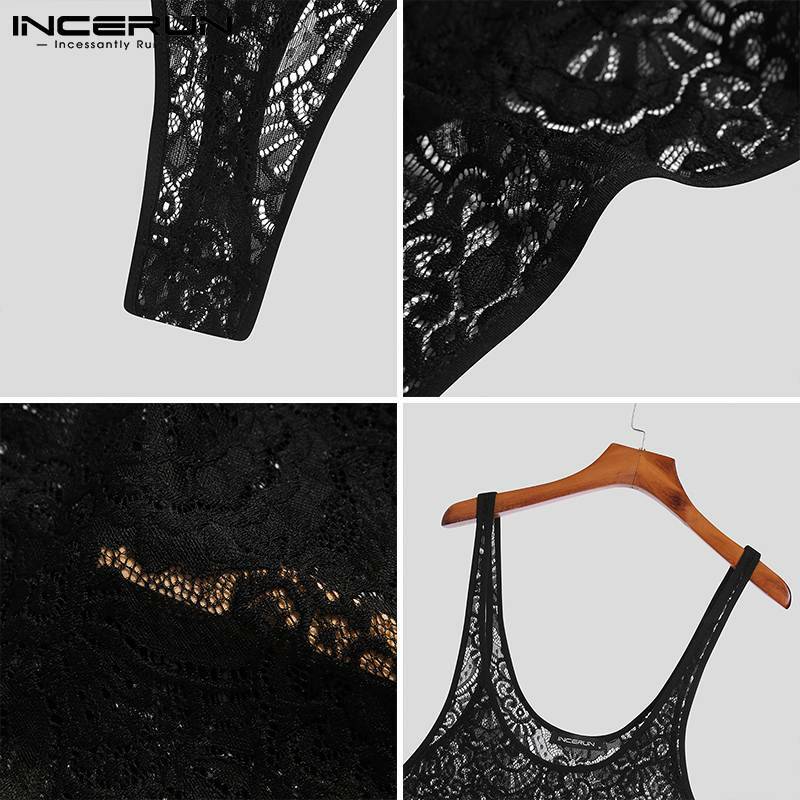 INCERUN 2022 New Men's Comfortable Homewear Straps Jumpsuits Stylish Male See-though Sexy Leisure Lace Suit Short Bodysuit S-5XL