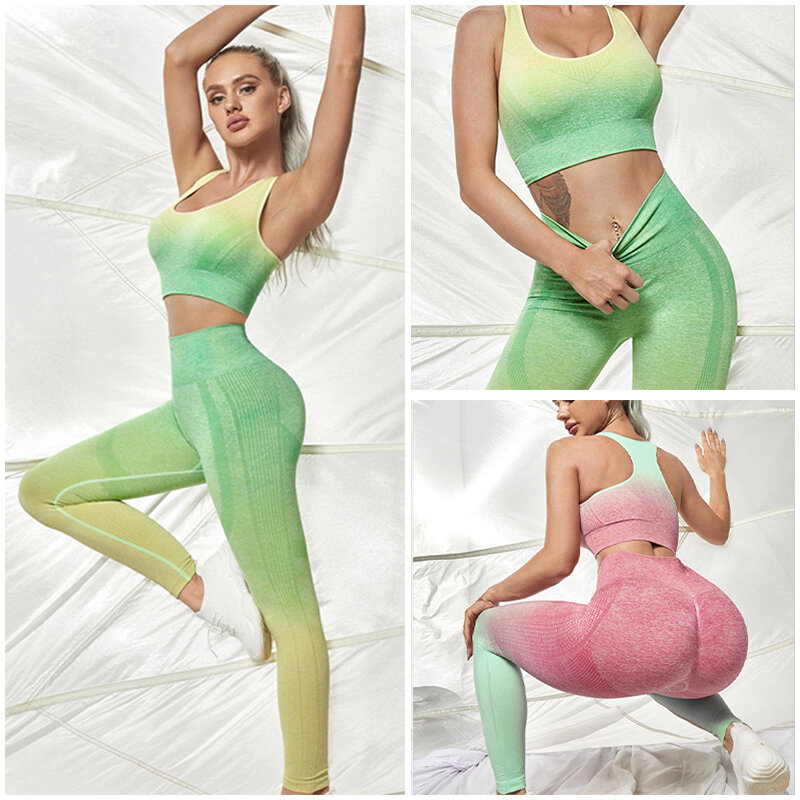 Conjunto de Yoga para mujer, ropa deportiva sin costuras para gimnasio, Sujetador deportivo con almohadillas + Leggings de cintura alta