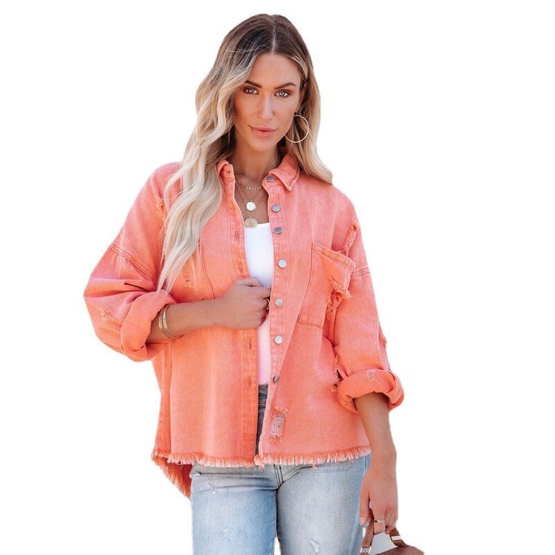 Hole Denim Coat Women 2022 Spring Autumn Long Sleeve Double Pocket Loose Outerwear Jeans Jacket Chaquetas Para Mujer