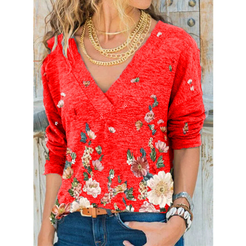 Snake YX odzież damska jesienno-zimowa nowa moda dekolt w kwiaty z długimi rękawami Casual luźny T-shirt Plus rozmiar