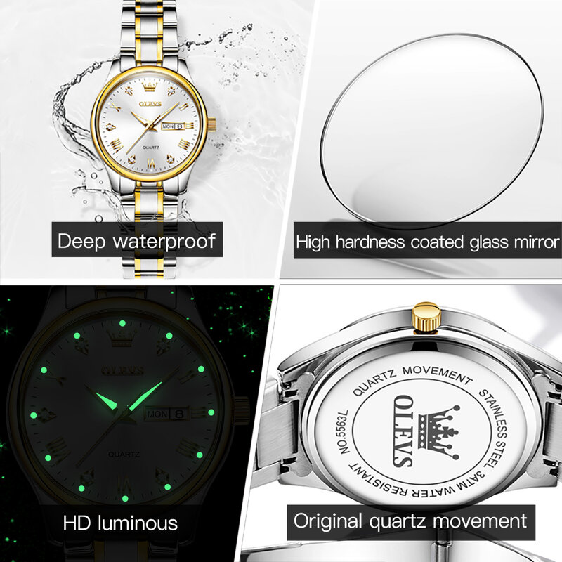Olevs-女性のためのファッショナブルな防水時計,ステンレス鋼のストラップ,ダイヤモンド,アンクレスト,高品質のクォーツ時計