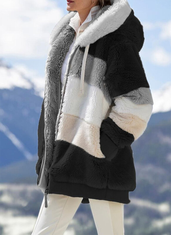 Manteau à capuche en cachemire avec fermeture éclair pour femme, veste décontractée pour femme, couture à carreaux, mode hivernale
