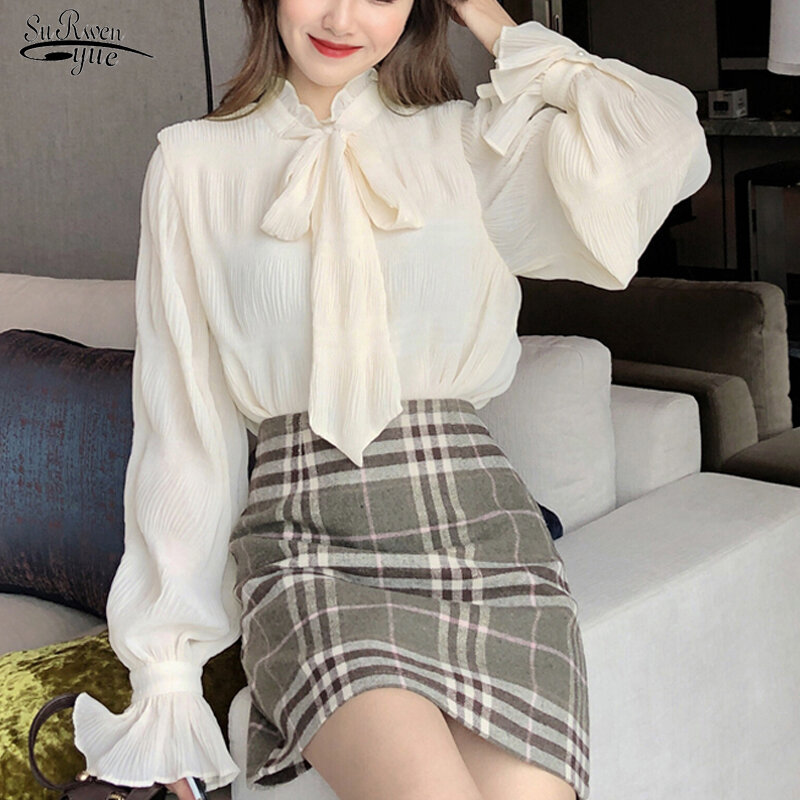 Camicetta dolce papillon donna primavera elegante nastro pieghettato camicie da donna in Chiffon stile coreano Flare maglie a manica lunga 18614