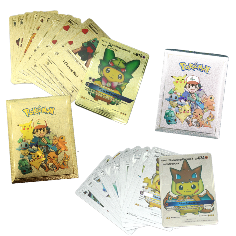 Pokemon Spanisch Englisch karten Charizard Pikachu Sammlung Schlacht Trainer 1 Metall + 10 Gold Silber Karte Box Nachahmung Geschenk Spielzeug