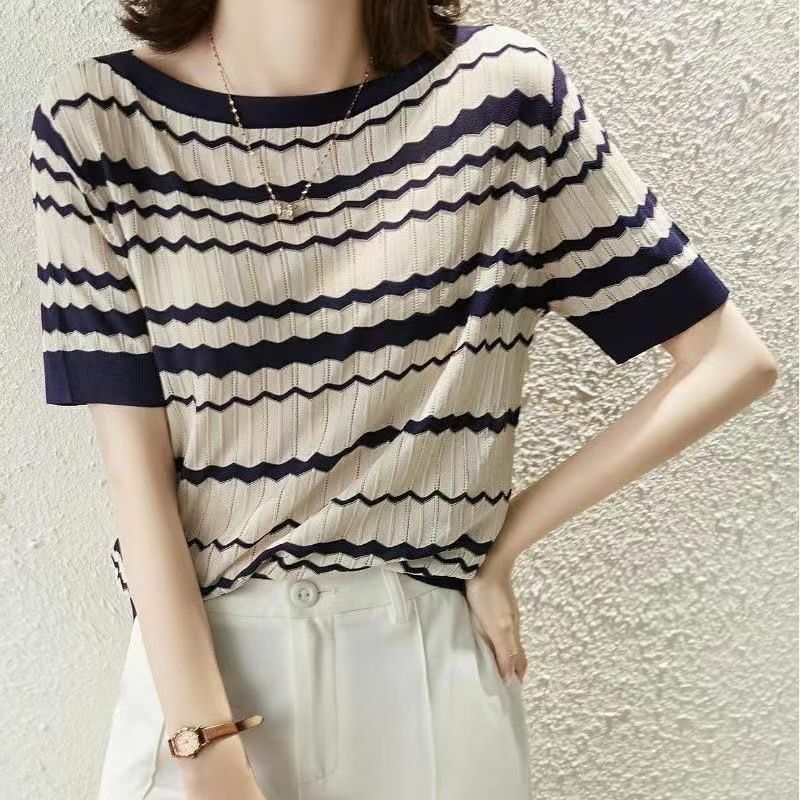 Fashion O-Neck Spliced Hollow Out Striped Blouse Women Clothing 2023 Spring New Loose Casual Tops Short Sleev Office Lady Shirt