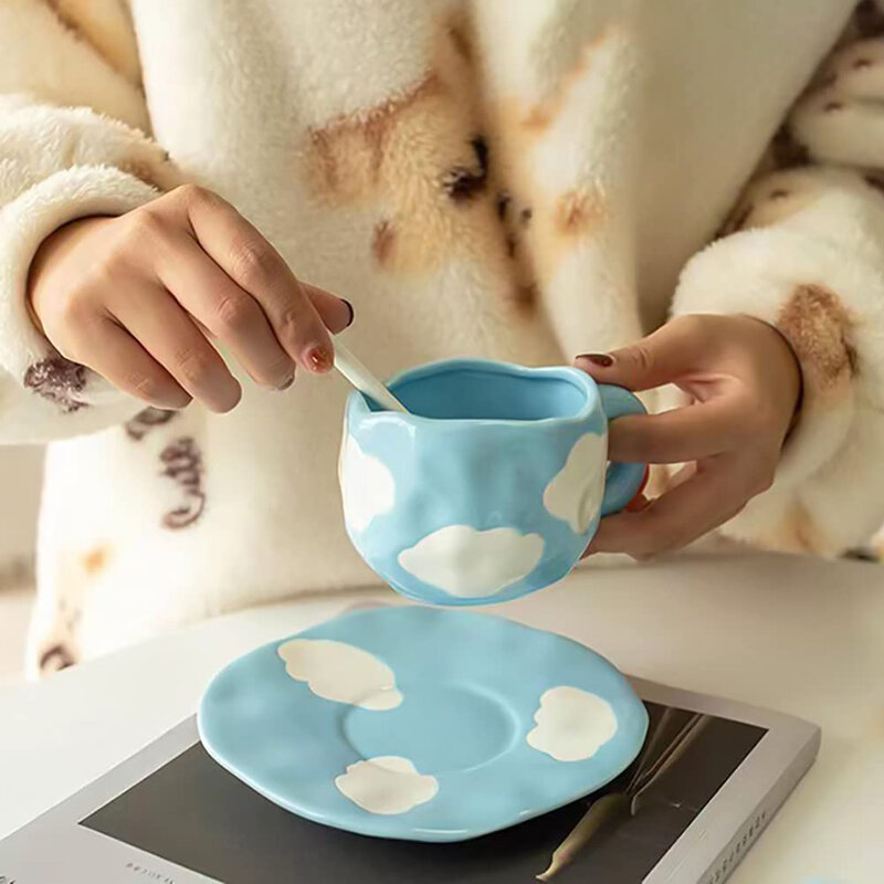 Hand-painted Flower Ceramic Coffee Cup Home Office Mug With Plate Spoon Breakfast Milk Juice Tea Handle Cup Gift Drinkware Set
