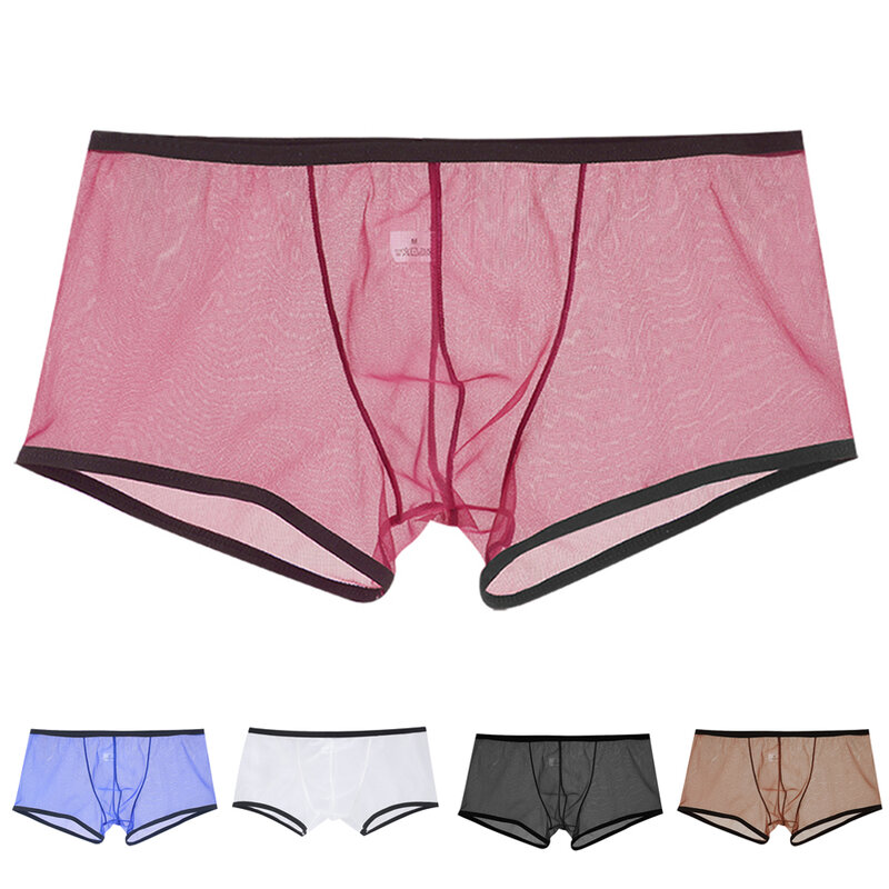 Men Mesh Boxers Transparent See Through Panties Solid Trunks Mens Low Rise Underpants Summer Quick-Drying Shorts Briefs