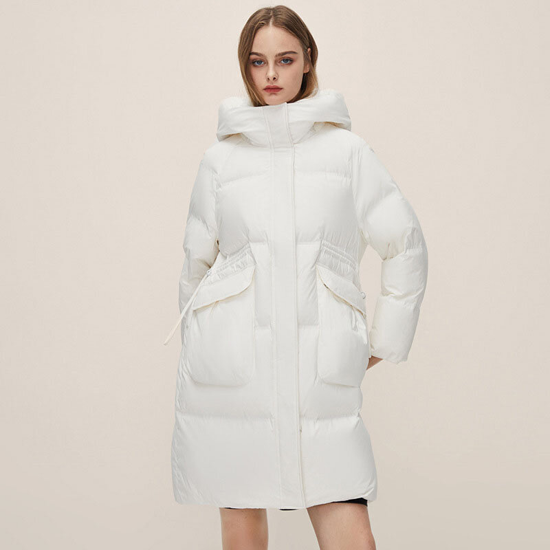 Kobiety z kapturem dół kurtki zimowe białe kaczki kurtka średniej długości kurtki moda utrzymać ciepłe wiatroszczelne Zip gruby kaszmir ubrania
