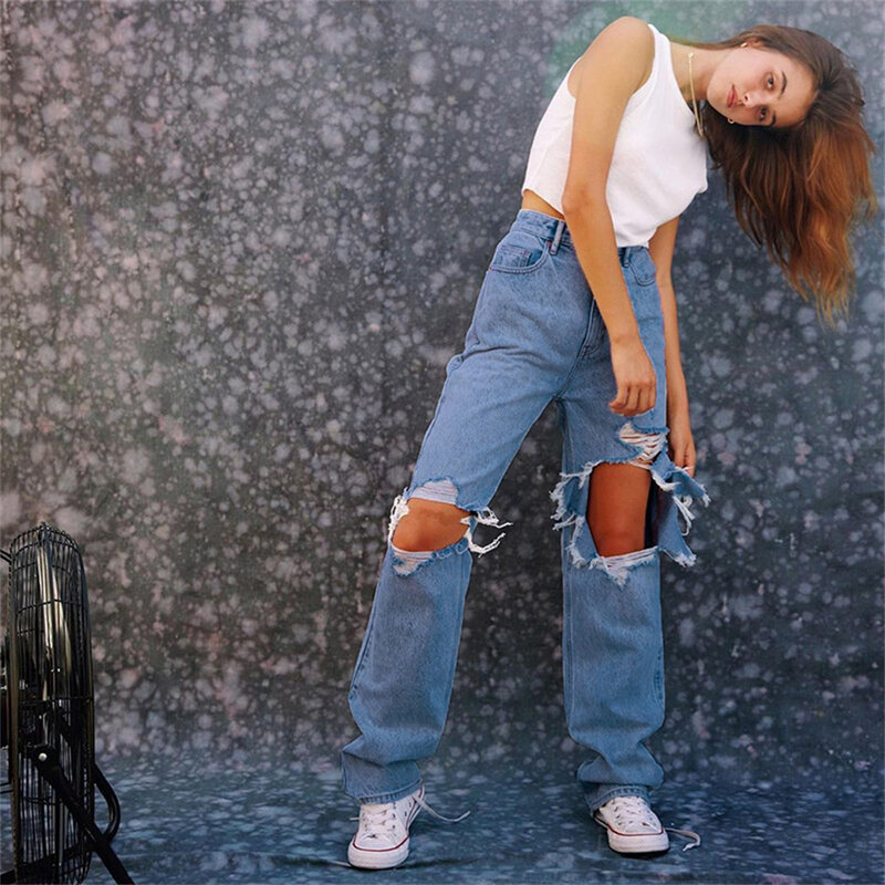 Vintage Baggy Ripped Jeans Women Fashion 90s Loose Wide Leg High Waist Straight Pants Y2k Washed Blue Denim Trousers Streetwear