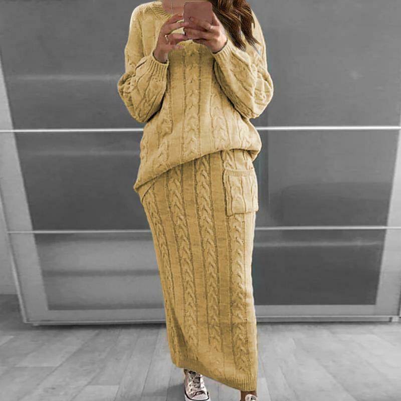 Setelan Pakaian Musim Dingin Wanita Atasan Lengan Panjang Leher-o Hangat Kasual Rok Sweter Wanita 2 Potong Set Musim Gugur