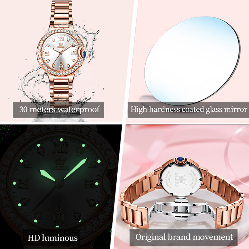 Olevs moda relógios de quartzo para mulher pulseira de aço inoxidável à prova dwaterproof água diamante-incrustado de alta qualidade relógios de pulso femininos