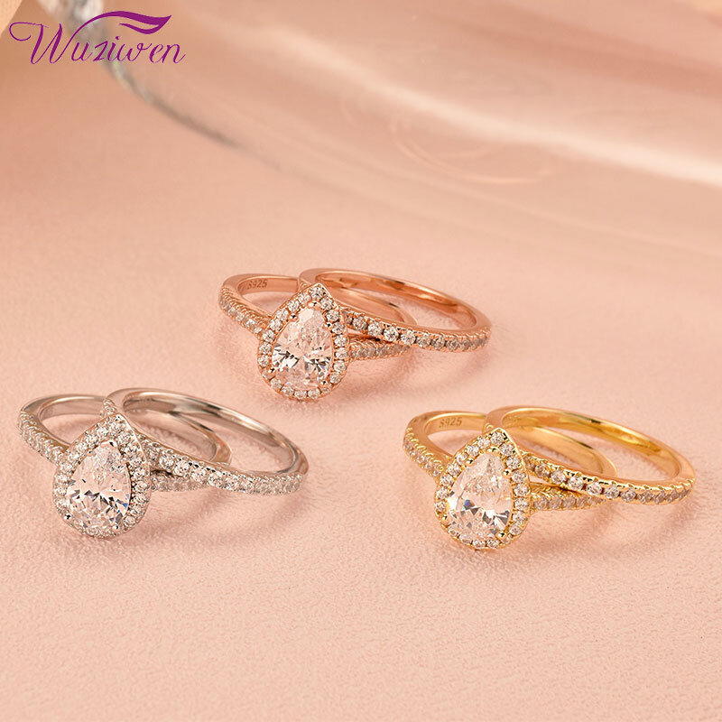 Wuziwen Yellow Rose White Gold Engagement Ring Bridal Set For Women 925 Sterling Silver Tear Drop Shape AAAAA CZ Wedding Jewelry