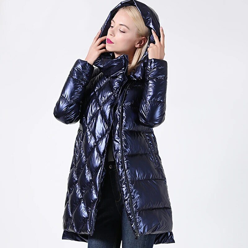 2021 New Winter Jacket Women Glitter trapuntato con cappuccio lungo cappotto invernale da donna con cappuccio spesso biologico-piumino Parka Docero