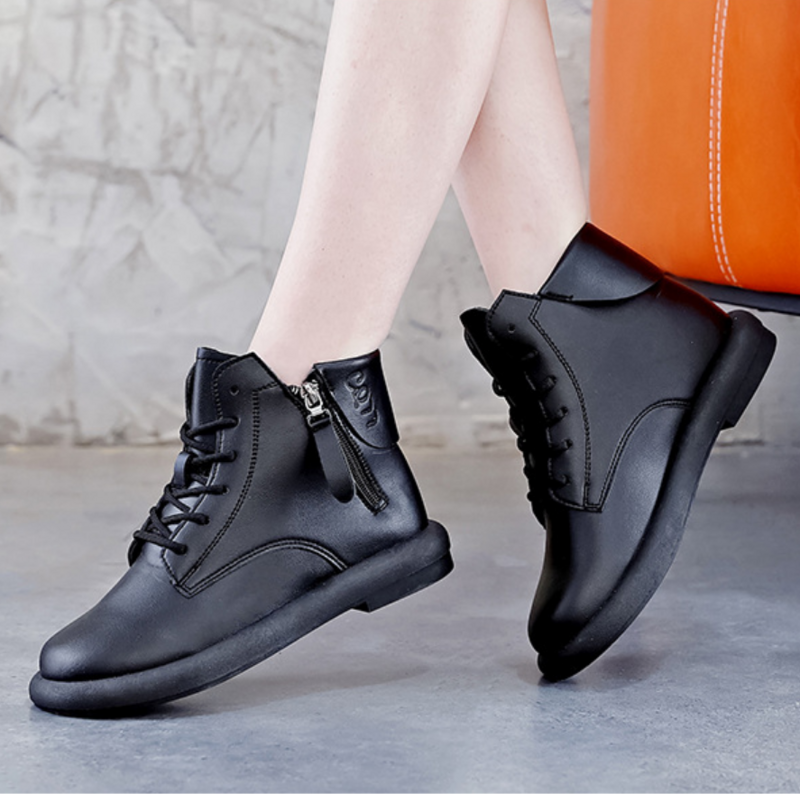 Botas Martin de cuero negro para mujer, botines de terciopelo con plataforma, cálidas, de diseño, a la moda, Invierno