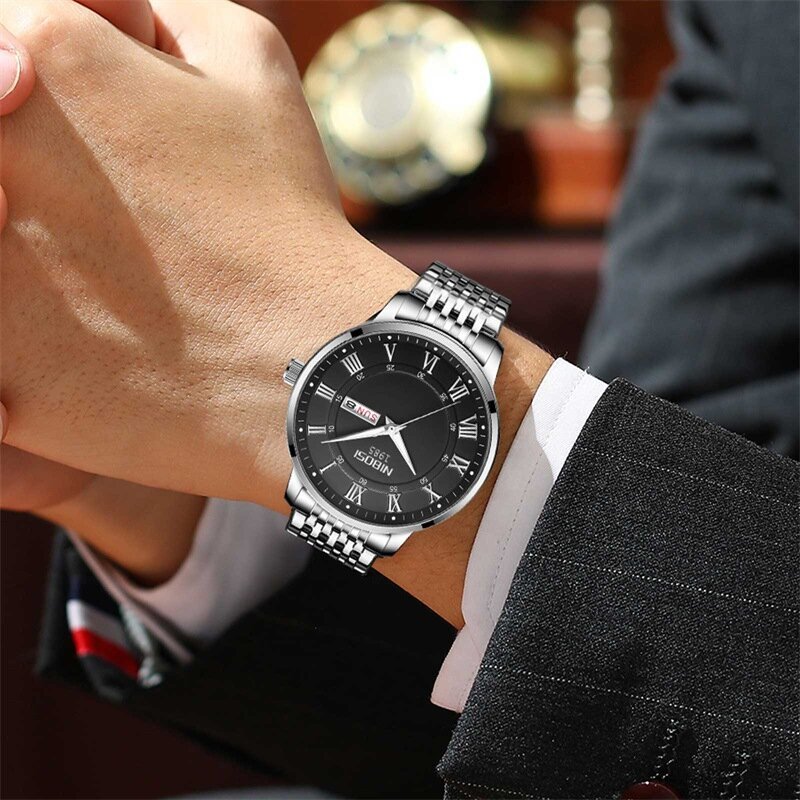 NIBOSI jam tangan kuarsa mewah untuk pria, arloji dial jam tangan Stainless Steel tahan air dengan fitur tanggal untuk pria