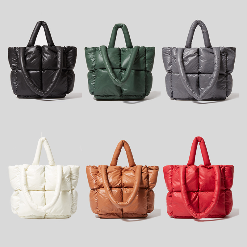 Fashion Large Handbag Padded Handbag Nylon Down Cotton Winter New Simple Design Pure Color Soft Small Checkered Shoulder Bag