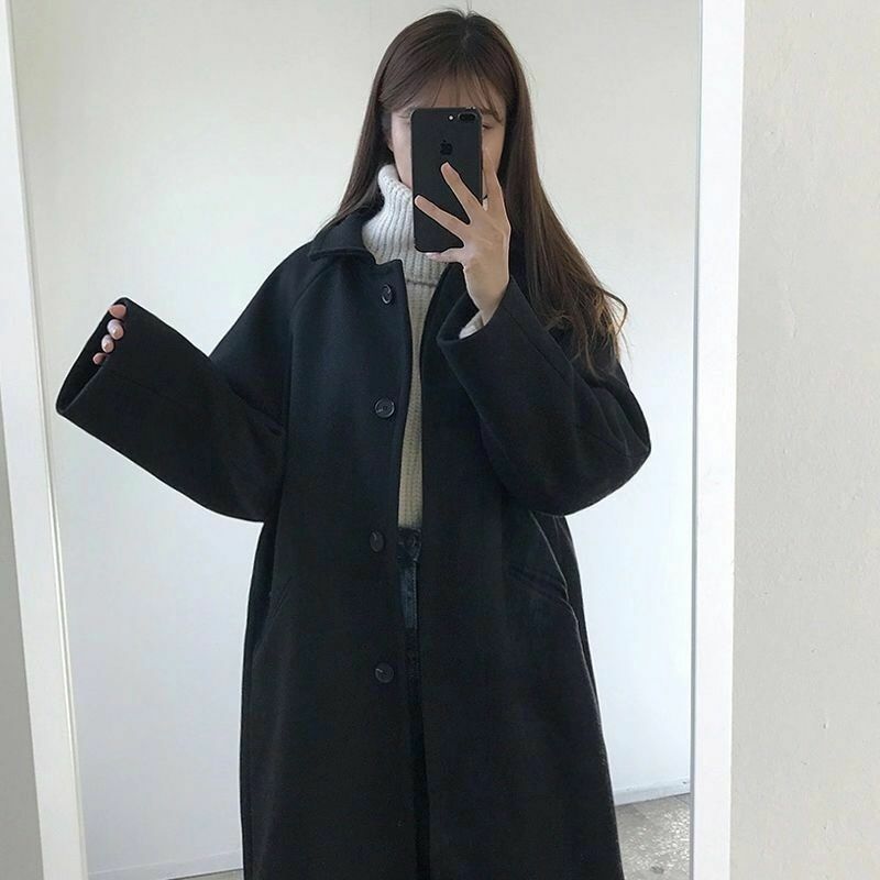 Coreano outono e inverno moda casaco de lã 2022 estilo retro hepburn feminino único breasted solto ajuste médio longo lã casaco