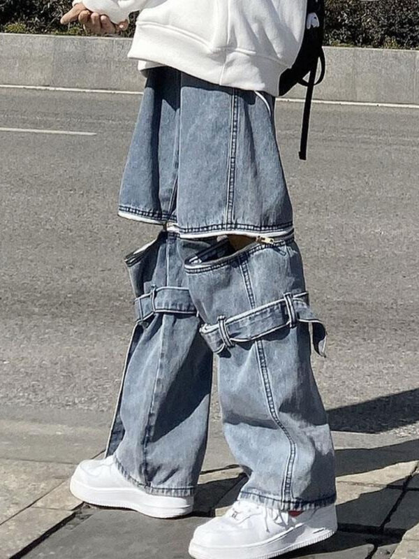 Qweek gothic grunge baggy carga jeans mulheres harajuku calças destacáveis de grandes dimensões hip hop oco para fora perna larga calças jeans y2k