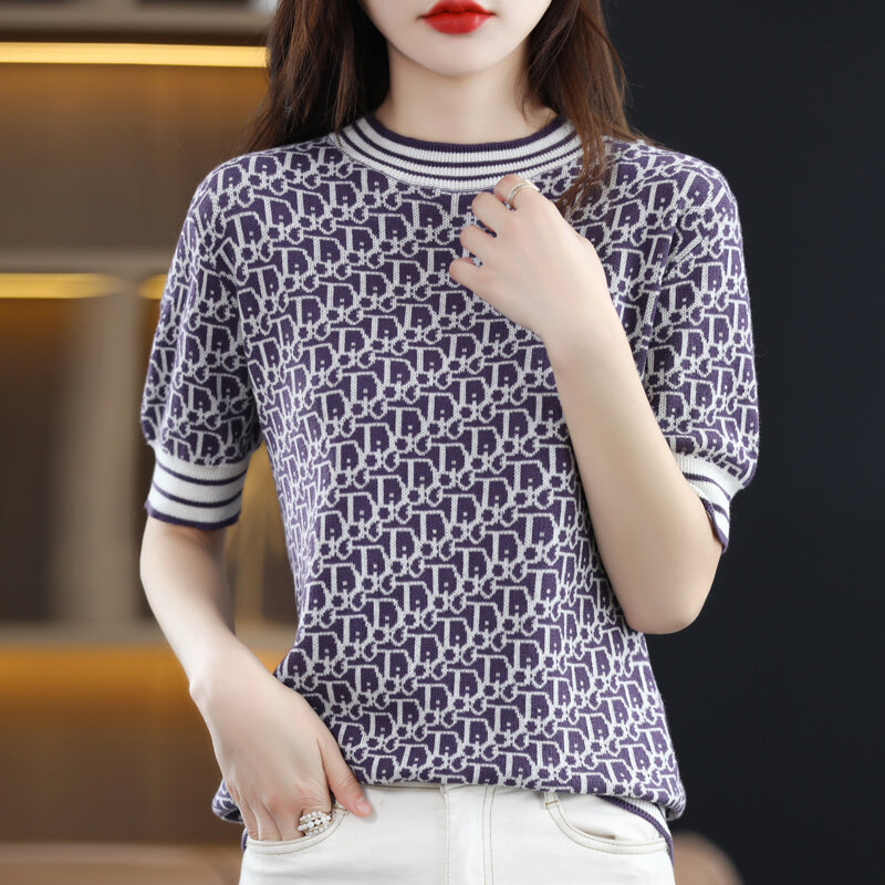 100% Cotton Short-Sleeved Women's Round Neck Color Matching Loose Knit Sweater Summer New Fashion Casual T-Shirt