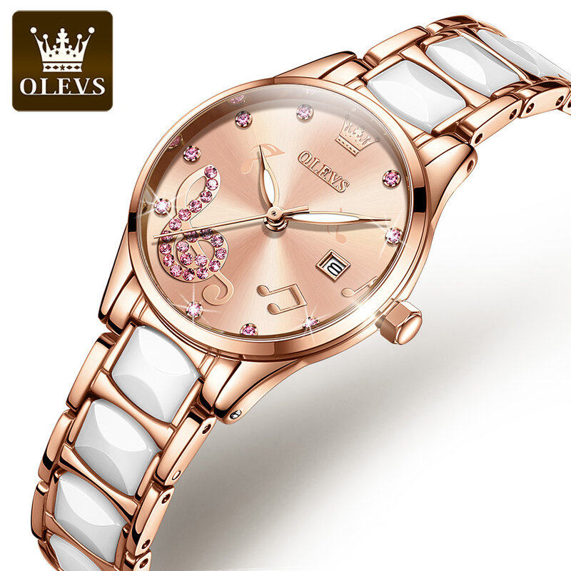 OLEVS 패션 도자기 로즈 골드 다이아몬드 박힌 여성 손목 시계 세라믹 스트랩 쿼츠 방수 시계 여성을위한 빛나는