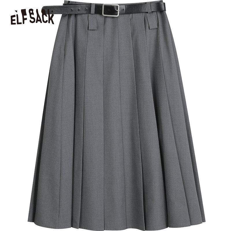 ELFSACK серая плиссированная юбка средней длины для женщин 2023 Весенняя Базовая нижняя часть