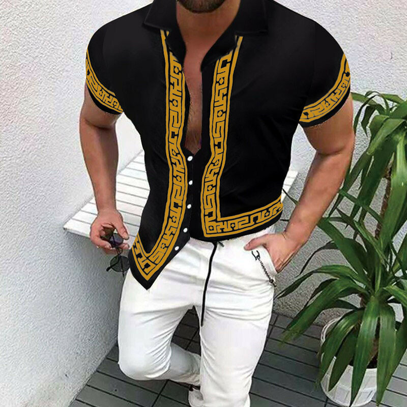 Letnia koszula męska w stylu narodowym 2022 nadruk etniczny hawajski Henley luźna na Co dzień luźna koszula stójka z krótkim rękawem Mandarin Co