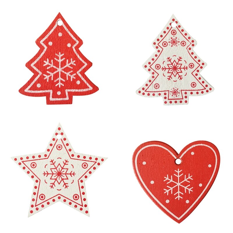 16PCS Mixed DIY White&Red Tree/Heart/Star Wooden Ornaments For Christmas Party Xmas Tree Ornaments Kids Decorations Gifts