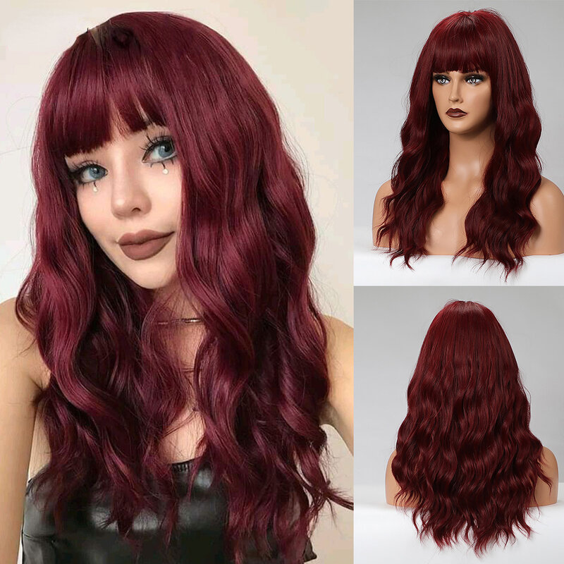 Parrucca ondulata rosso scuro parrucche lunghe da donna con frangia Cosplay Lolita Halloween capelli naturali resistente al calore