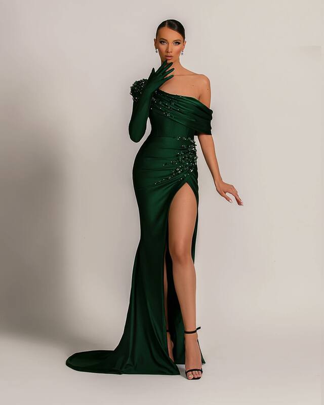 Темно-зеленые вечерние платья с одним открытым плечом, соблазнительные платья русалки с бисером и высоким разрезом сбоку для выпускного ве...