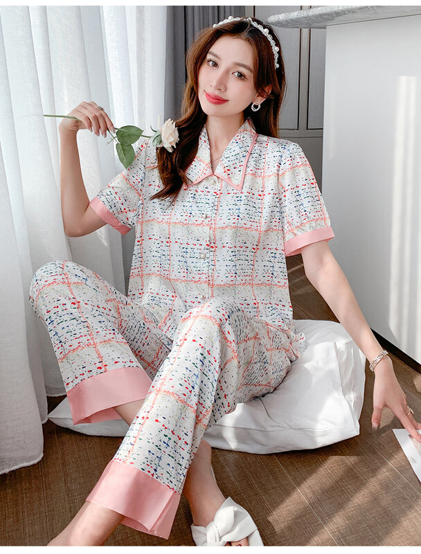 Pajama Set Women  Sleepwear Short-sleeved Trousers Suit Spring Ice Silk Patchwork Fashion Plaid Home Clothes Summer Clothing Pjs