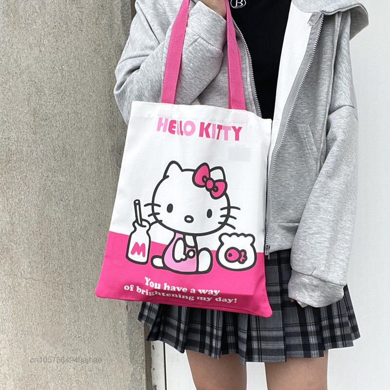 Sanrio-Bolsos de Hello Kitty para mujer, bolsa de compras de lona dulce, bolsos de hombro de dibujos animados para estudiantes, bolsos casuales para exteriores Y2k