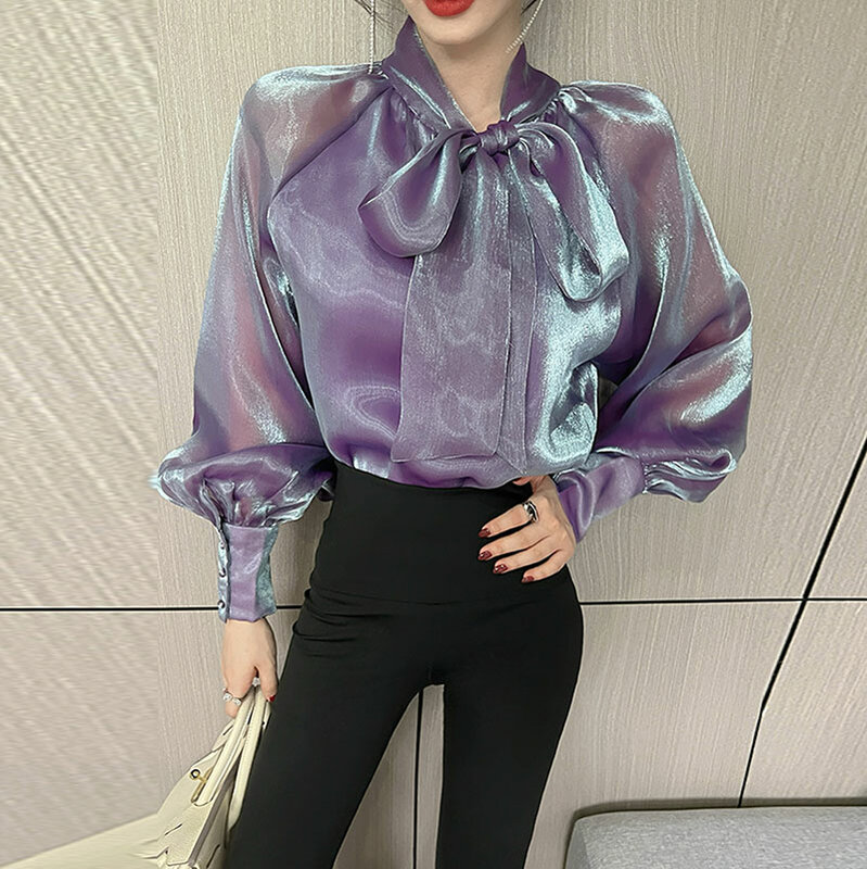 Koszula damska Wisher & Tong rękawy typu lampion siatkowy Top muszka moda elegancka bluzka Temperament bluzki damskie damski, wiosenny 2022