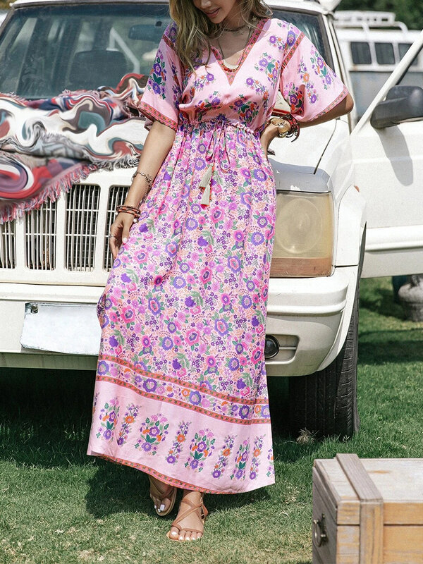 المرأة ماكسي فستان زهري الصيف بوهو الخامس الرقبة مرونة الخصر الأزهار حزام فستان طويل 2021 الصيف