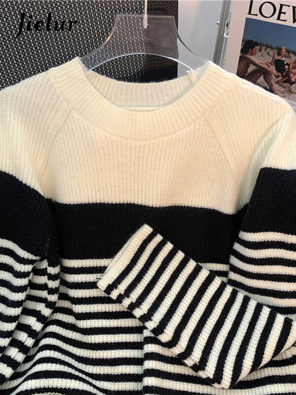 Jielur-女性用のルーズフィット長袖セーター,ヴィンテージカシミア,ストライプ,ニット,ゆったりとしたセーター,