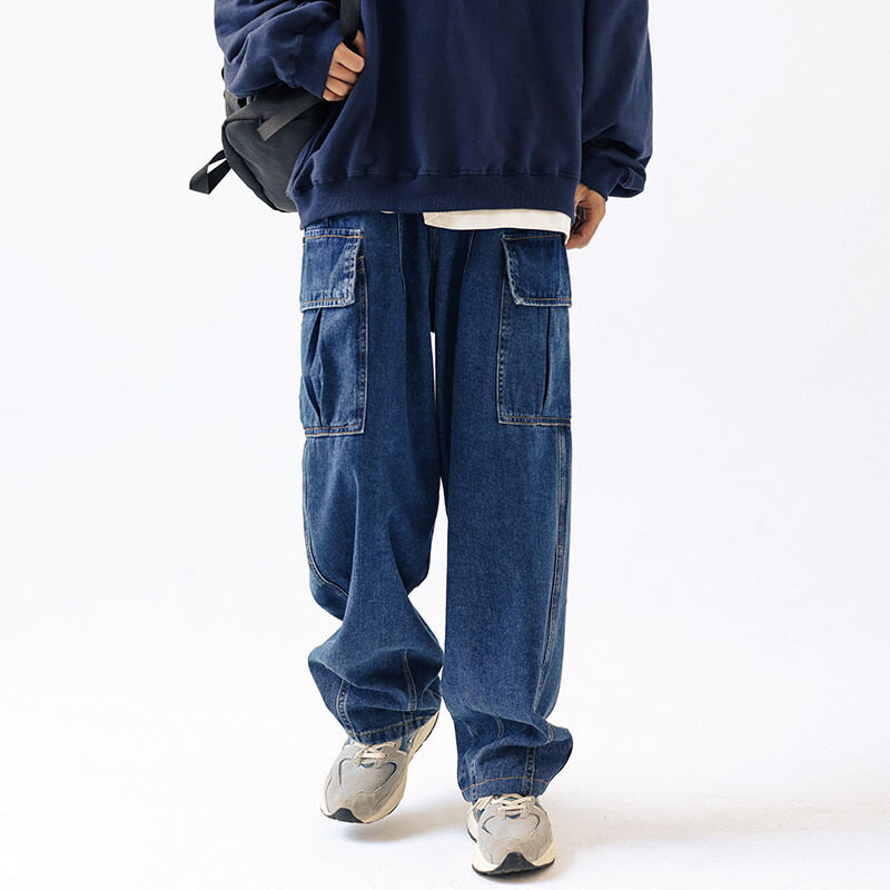 Джинсы-багги мужские с карманами, модные повседневные брюки-карго, свободные прямые джинсовые брюки в стиле хип-хоп, уличная одежда, синие, ч...