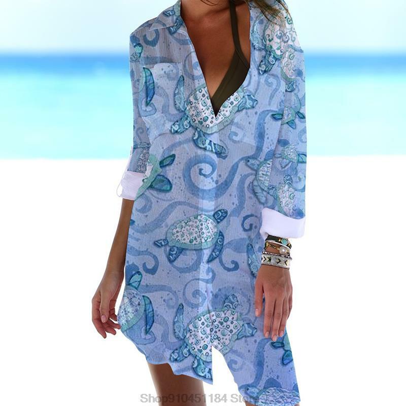 المرأة طباعة مثير العنق في الخامس كم طويل فضفاض البوهيمي فستان شاطئ فساتين الحفلات رداء الصيف لطيف الشمس قميص