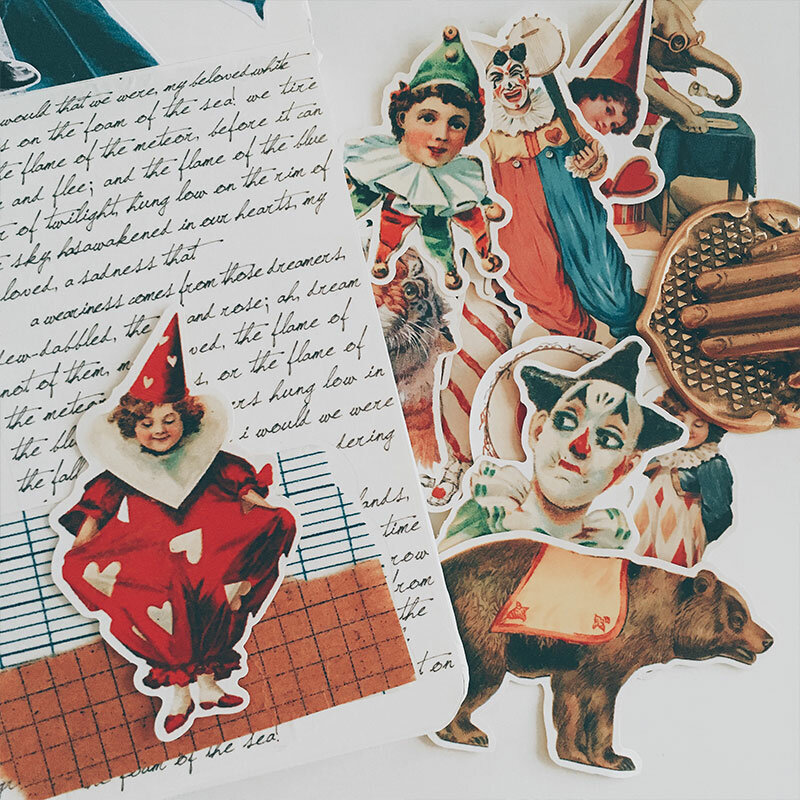 20 pçs do vintage palhaço circo personagens scrapbook adesivos diário material guitarra mala álbum diário scrapbook adesivos