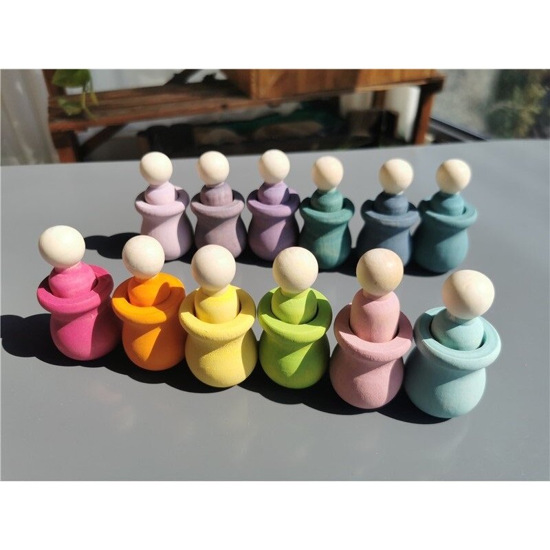 Wooden Toys Rainbow Pot Peg Dolls Pastel Cups Handmade Painting Stacking Blocks for Children Open-Ended Play