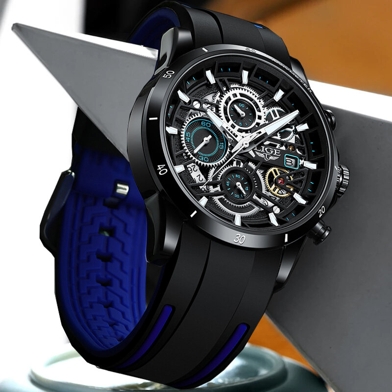 LIGE แบรนด์ซิลิโคนนาฬิกาผู้ชายแฟชั่นนาฬิกาผู้ชาย Casual กีฬากันน้ำ Chronograph นาฬิกาข้อมือควอตซ์ + กล่อง