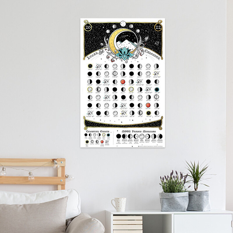 Calendario de fase Lunar 2022, rastreador de luna llena, arte de pared, póster de pared Lunar colgante, calendario Celestial, decoraciones artísticas de pared 2022