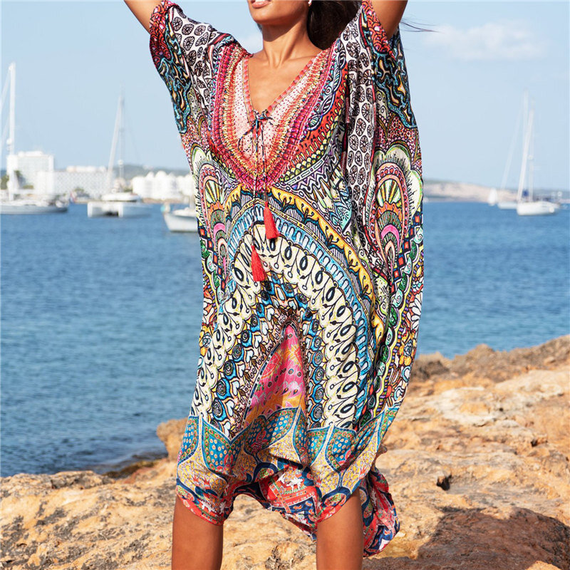 Caftán marroquí estampado bohemio para mujer, túnica larga De talla grande, ropa De playa, traje De baño, bata De playa, 2022