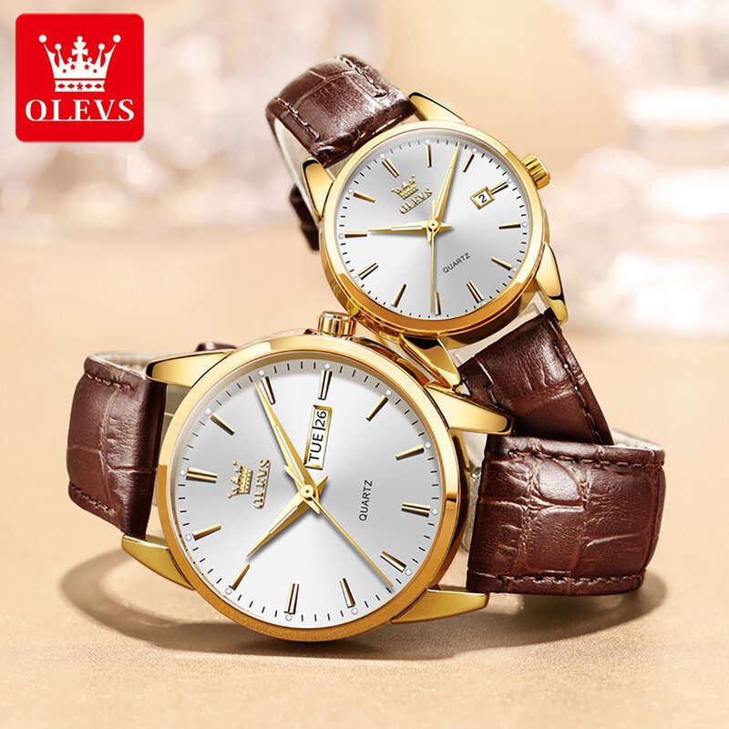 OLEVS-Reloj de pulsera de cuarzo para pareja, cronógrafo de alta calidad, resistente al agua, con correa de PU, luminoso, calendario, indicador semanal