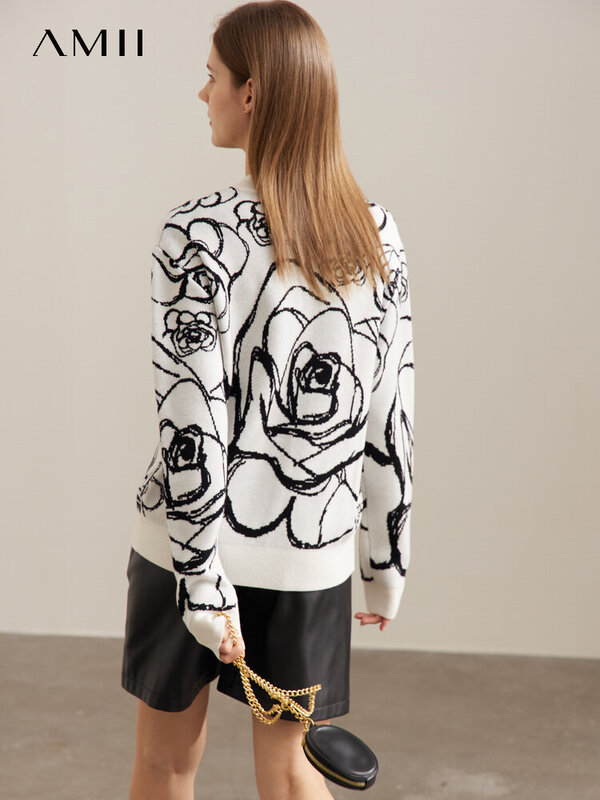 AMII-suéteres minimalistas para mujer, jersey de Jacquard con paneles, holgado, cálido y a la moda, 0-Cuello, Tops de invierno, 2022, novedad de 72270091