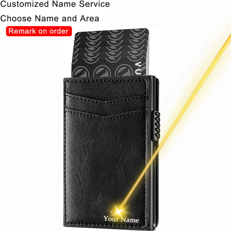 Nome personalizado carteira masculina couro genuíno titular do cartão bolsa negócio anti-roubo cartão de crédito rfid fino carteira moeda dinheiro bolsa