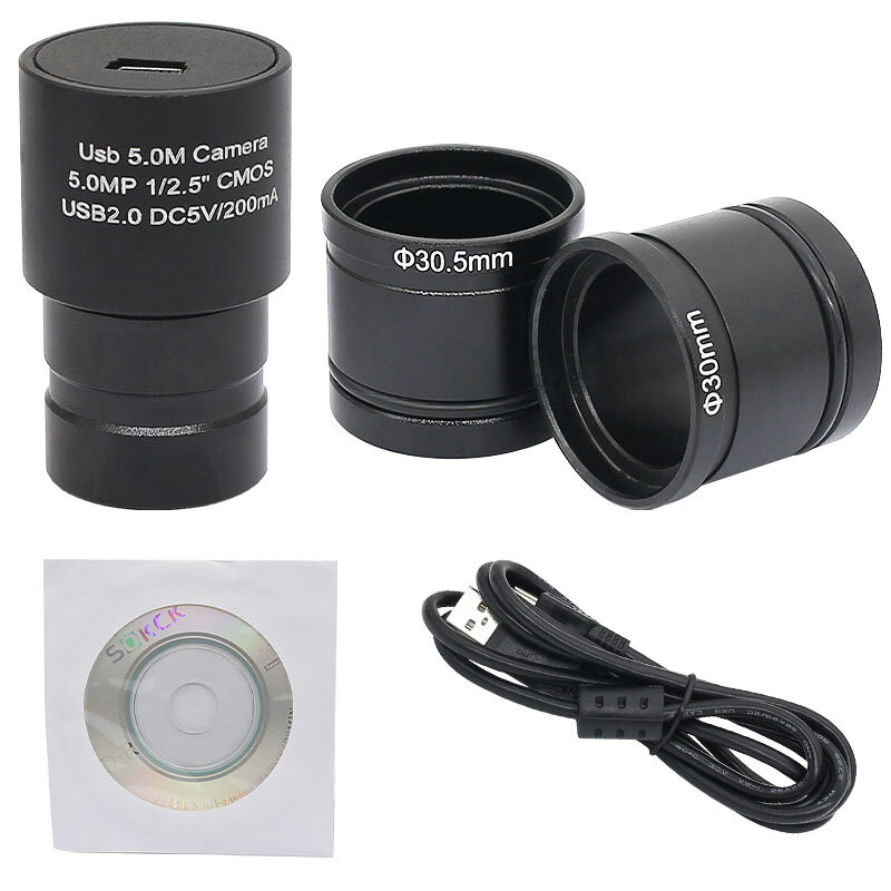 Cámara USB para microscopio, lente Digital CMOS HD de 5MP, con adaptador de anillo de 30mm y 30,5mm, grabación de captura de imagen